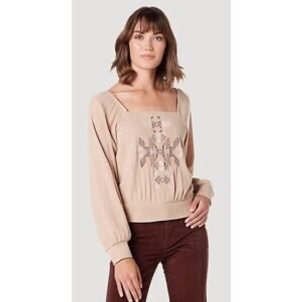 Wrangler Retro Tan Ribbed Square Neck Embroidered Western Top Medium